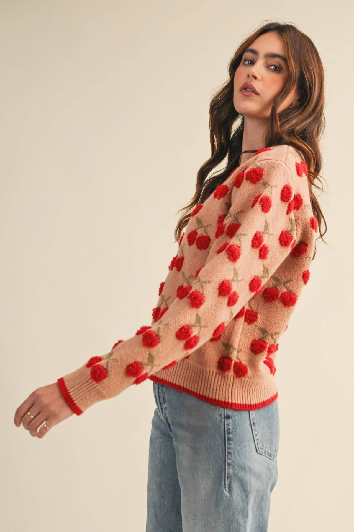 Fuzzy Cherry Sweater in Camel