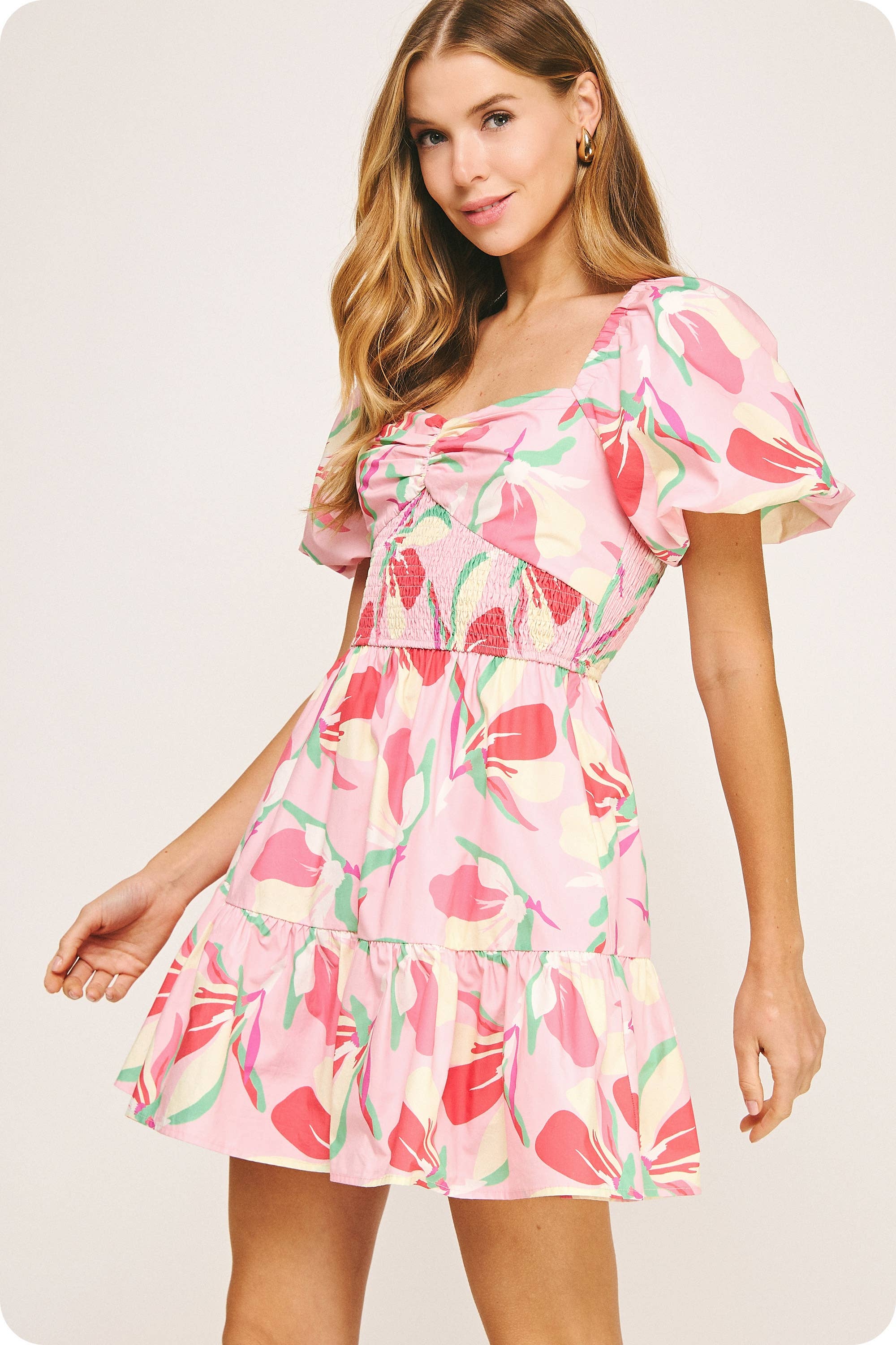 Smocked Detail Floral Tiered Mini Dress - Surprise Lily