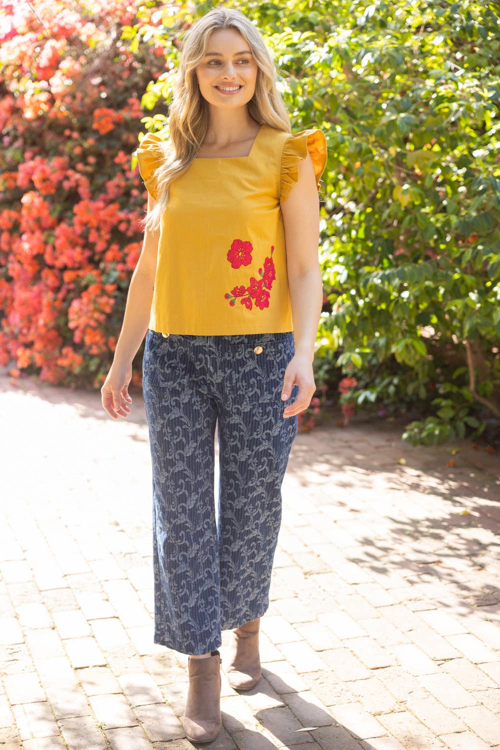 Square Neckline Floral Embroidered Top