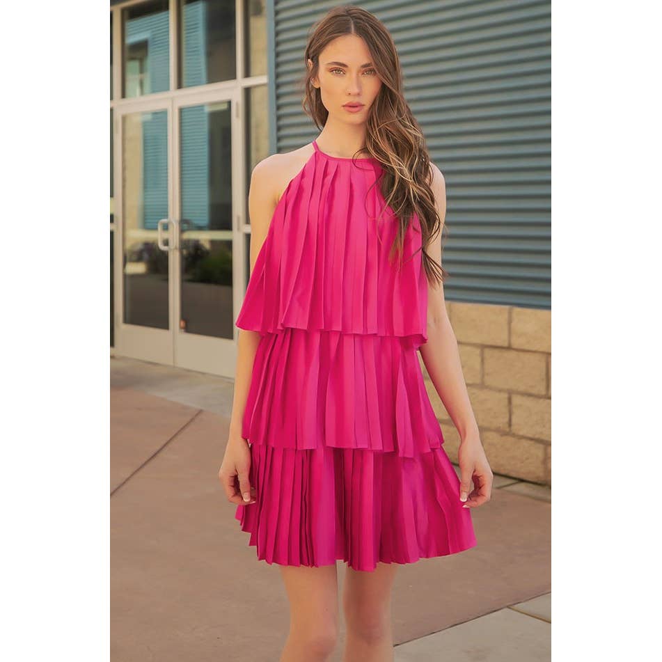 Pleated Satin Tiered Dress