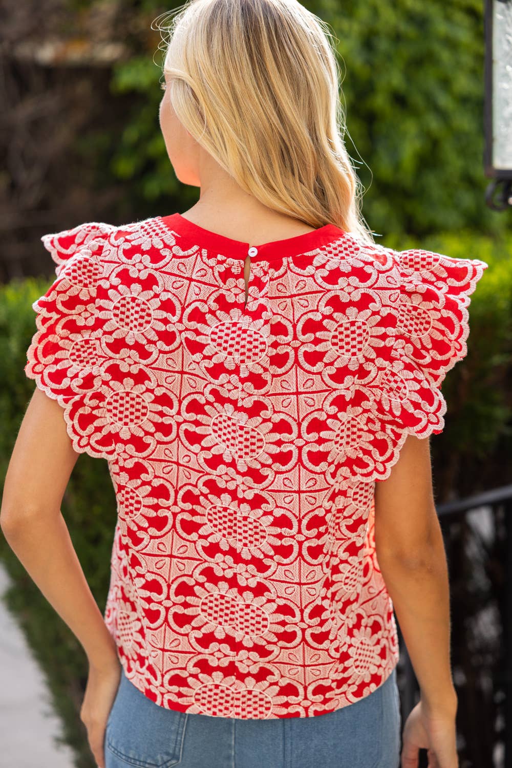 36693 Scallop Ruffle Detail Floral Embroidered Top - Surprise Lily