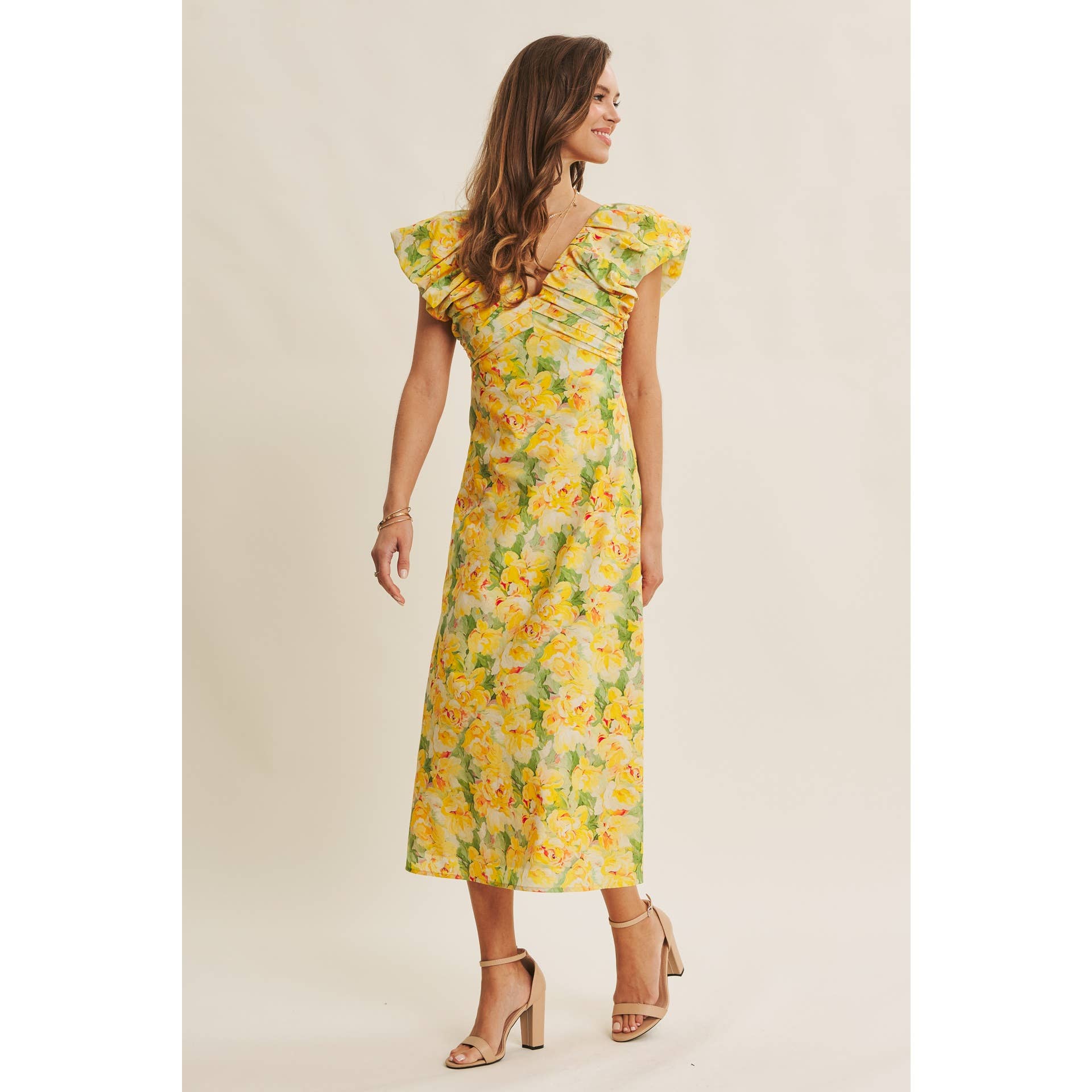 SUNSHINE KISSED COTTON FLORAL MIDI DRESS WITH VOLUMINOUS SLV - Surprise Lily