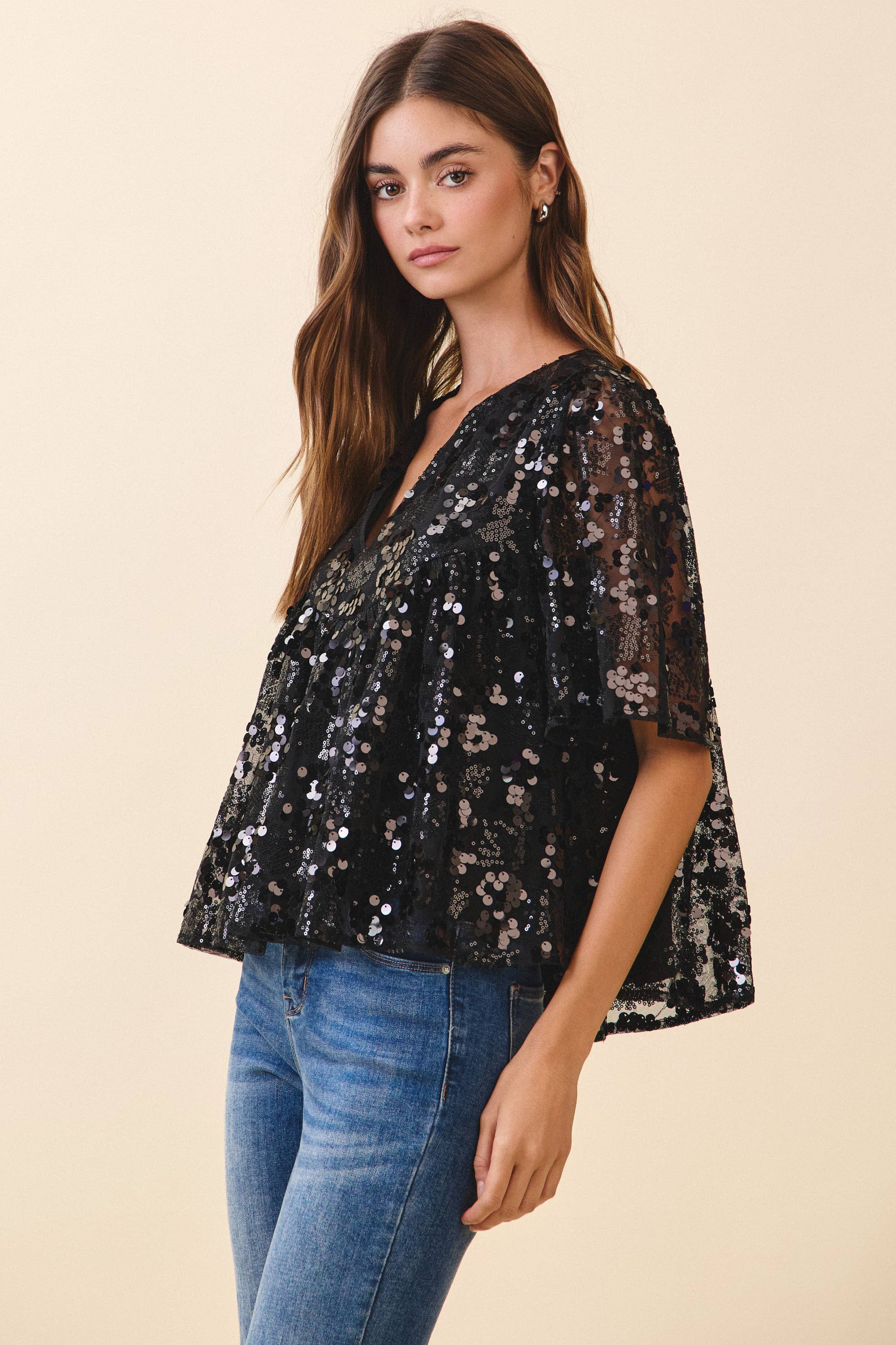Relaxed Fit Black Sequin Top