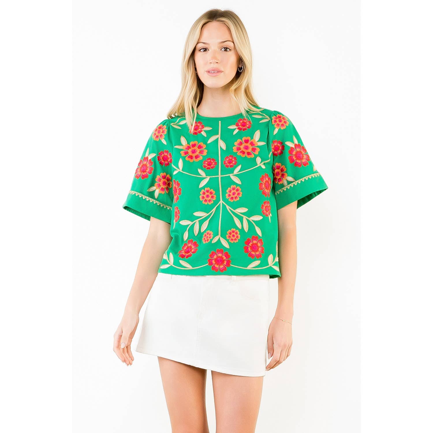 Short Sleeve Floral Embroidery Detail Top - Surprise Lily