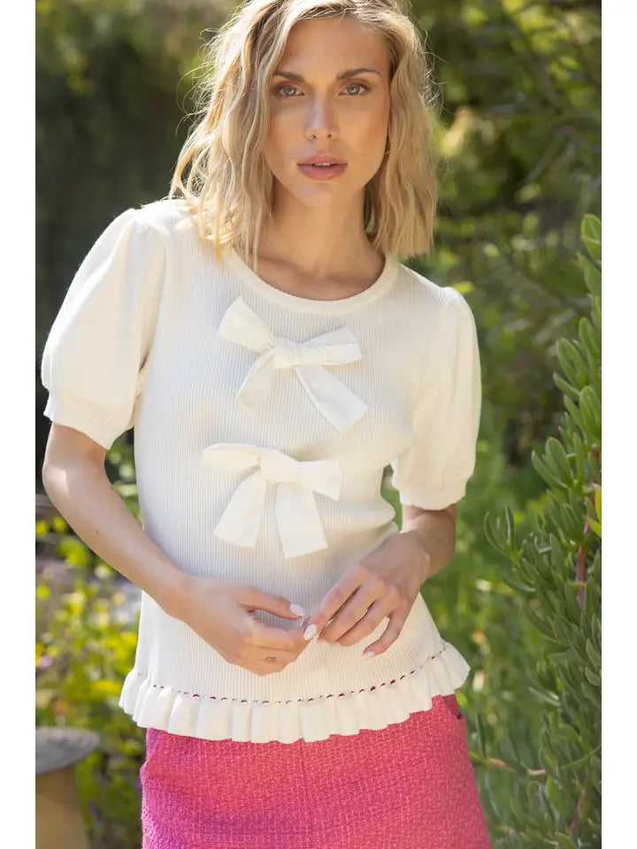 Ribbon Detailed Puff Sleeves Knit Top