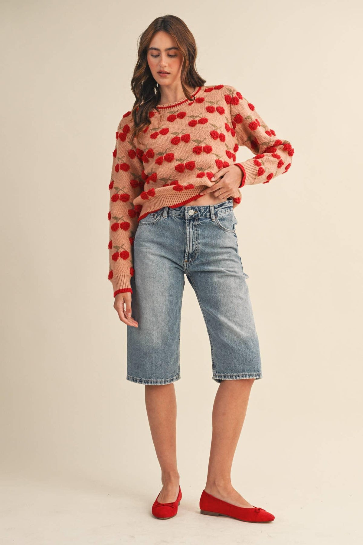 Fuzzy Cherry Sweater in Camel