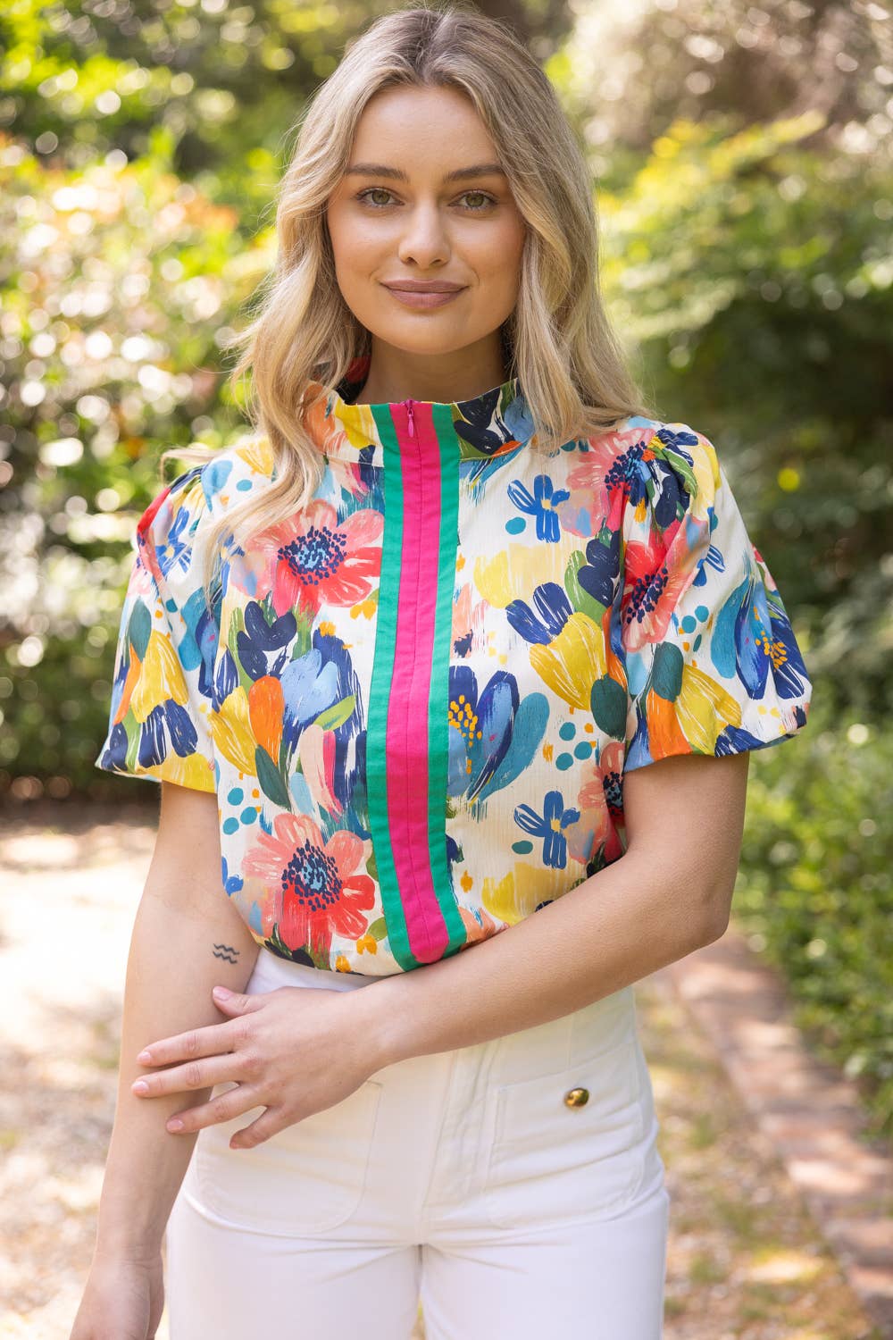 36699 Stripe Quarter Zip Watercolor Floral Print Top - Surprise Lily