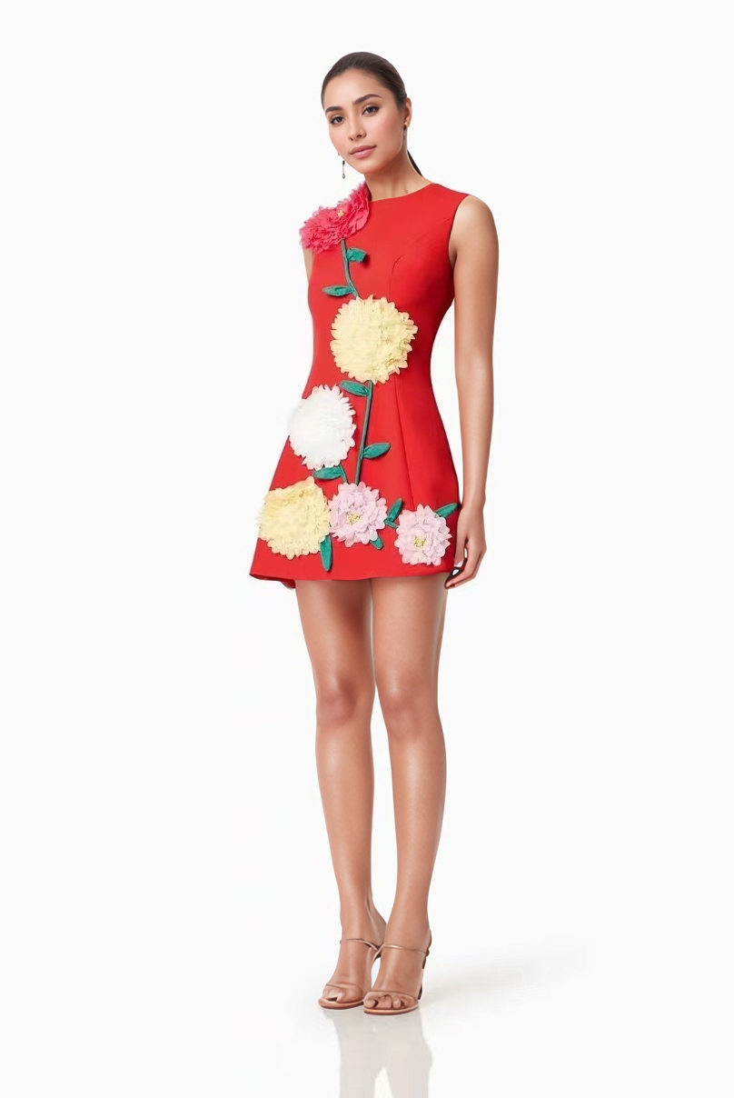 3D Floral Embroidered Sleeveless Vest Dress - Surprise Lily