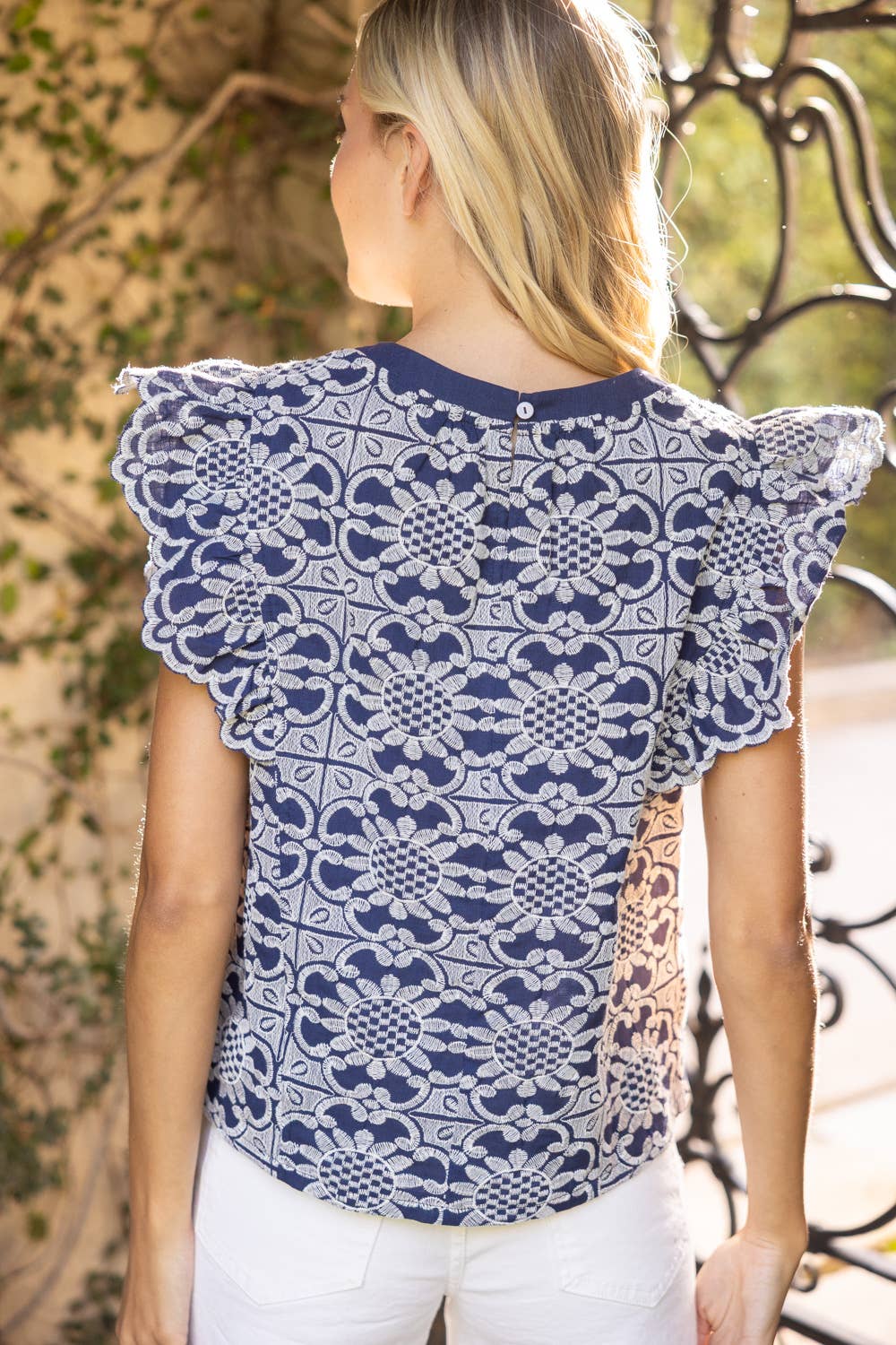 36693 Scallop Ruffle Detail Floral Embroidered Top - Surprise Lily