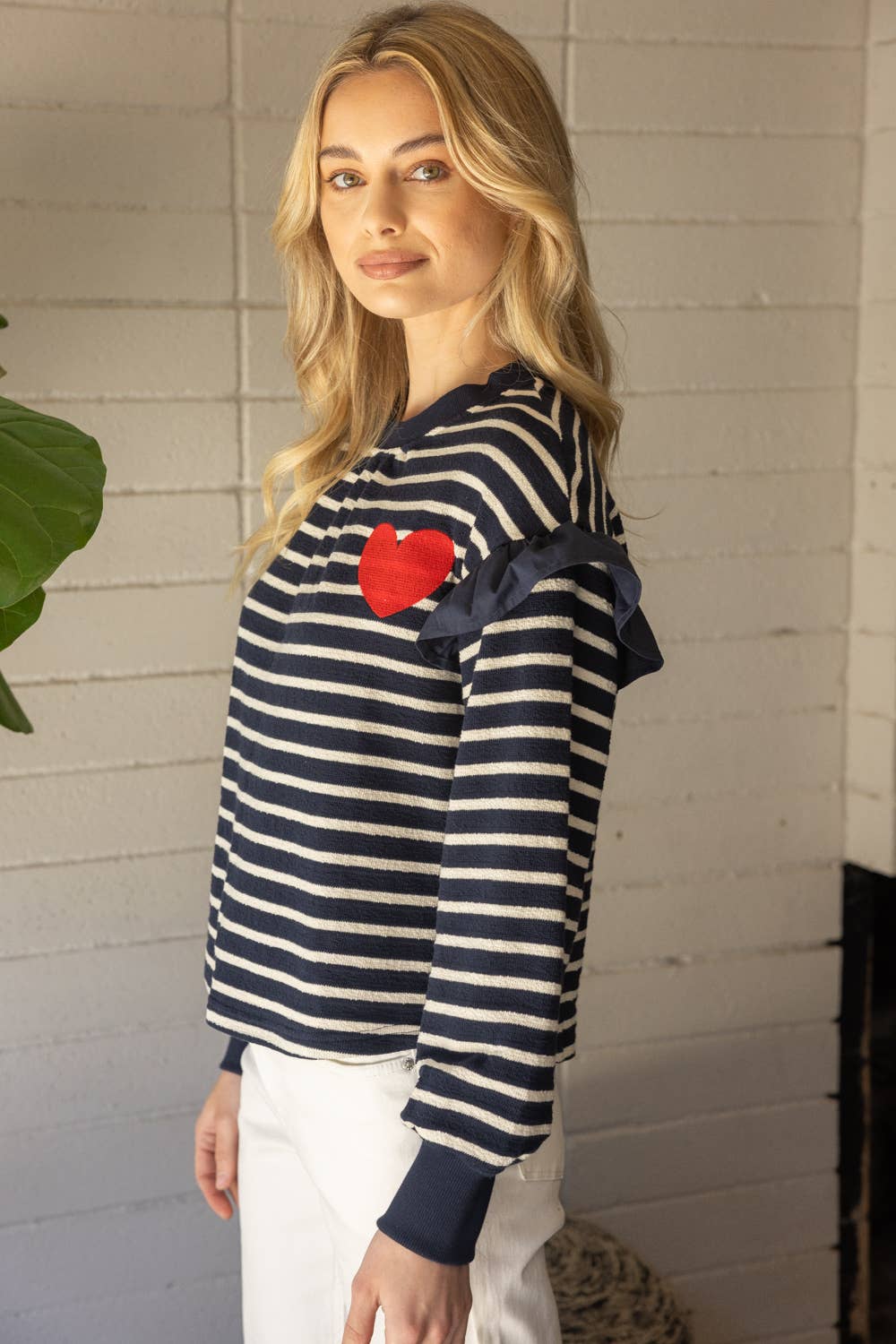 Striped Heart Detail Crewneck Top