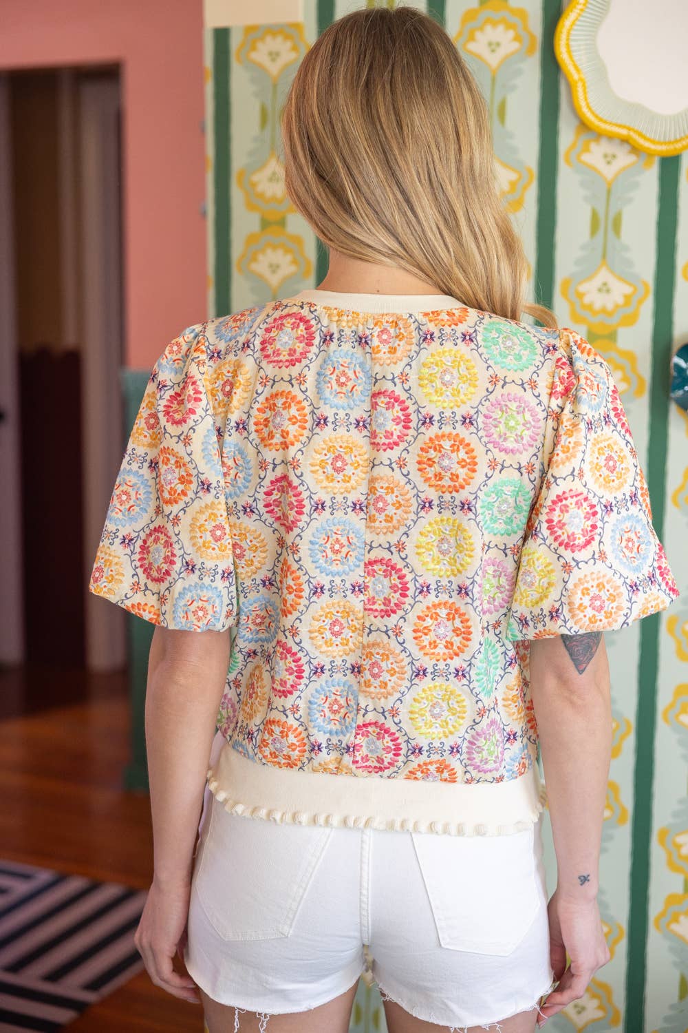 36712 Floral Embroidered Print Bubble Sleeve Top - Surprise Lily