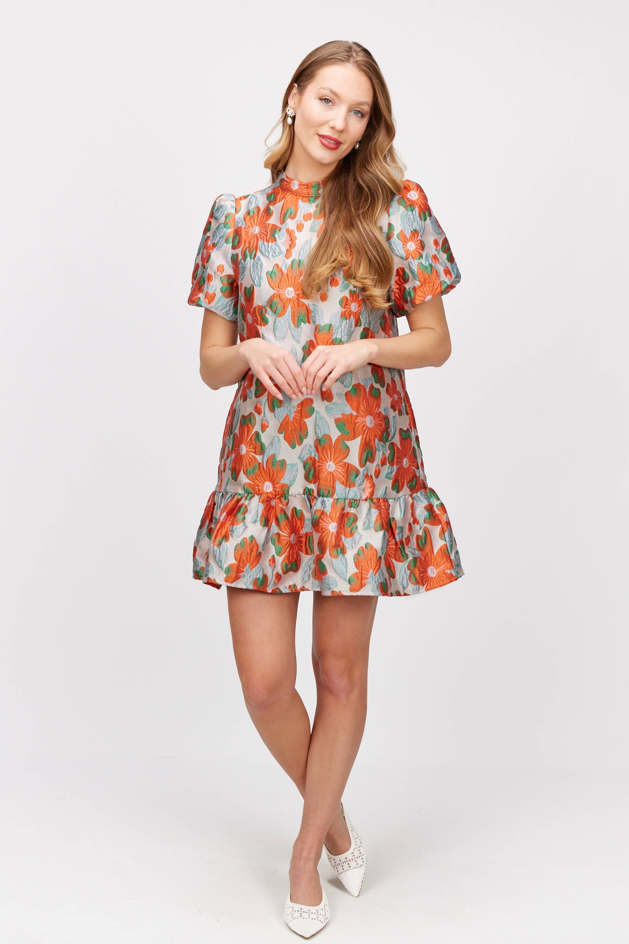 Farrah Floral Jacquard Puff Sleeve Dress