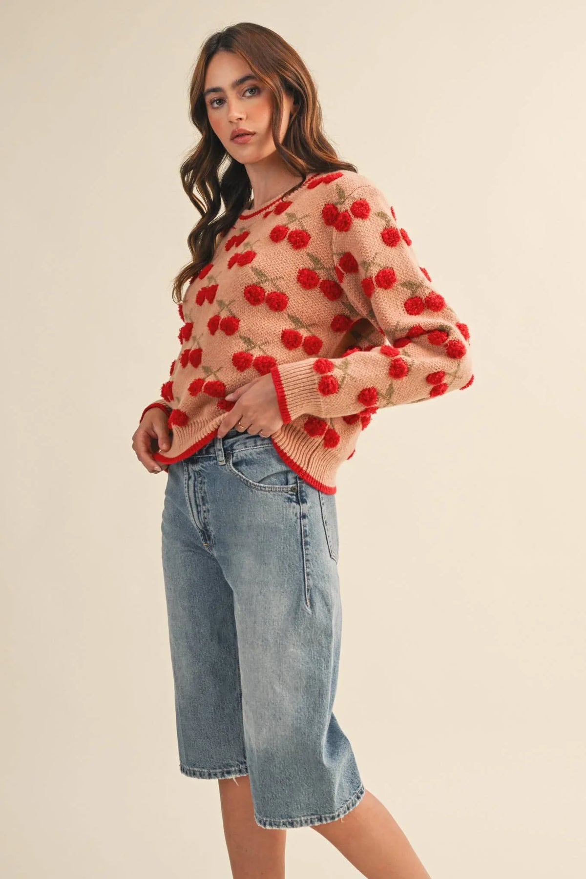 Fuzzy Cherry Sweater in Camel