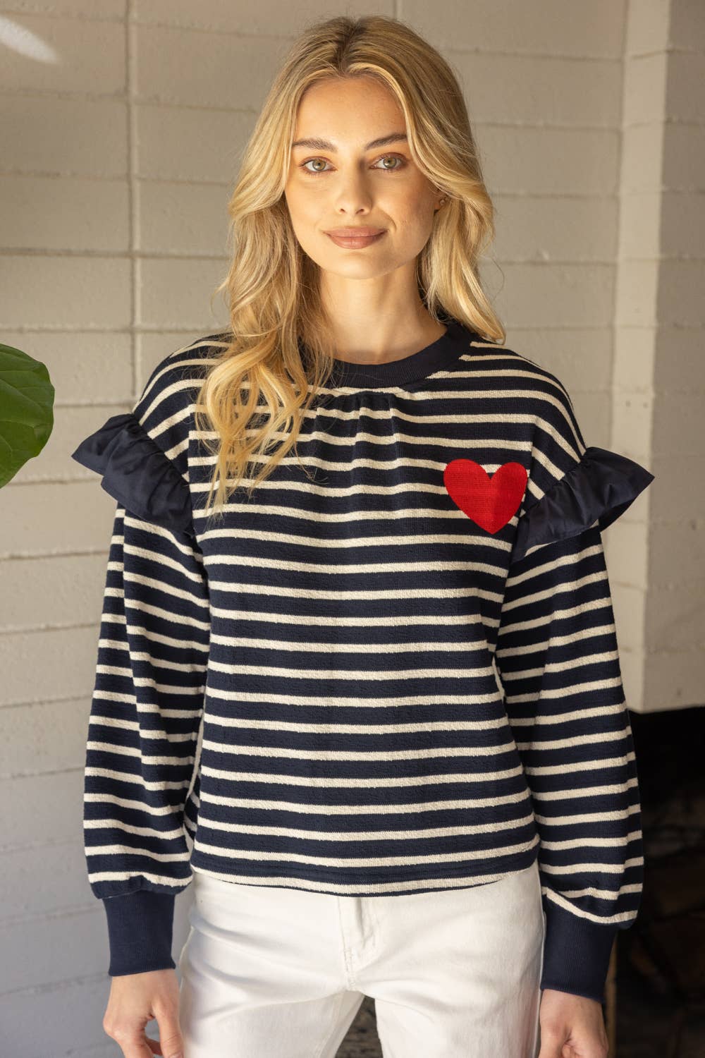 Striped Heart Detail Crewneck Top