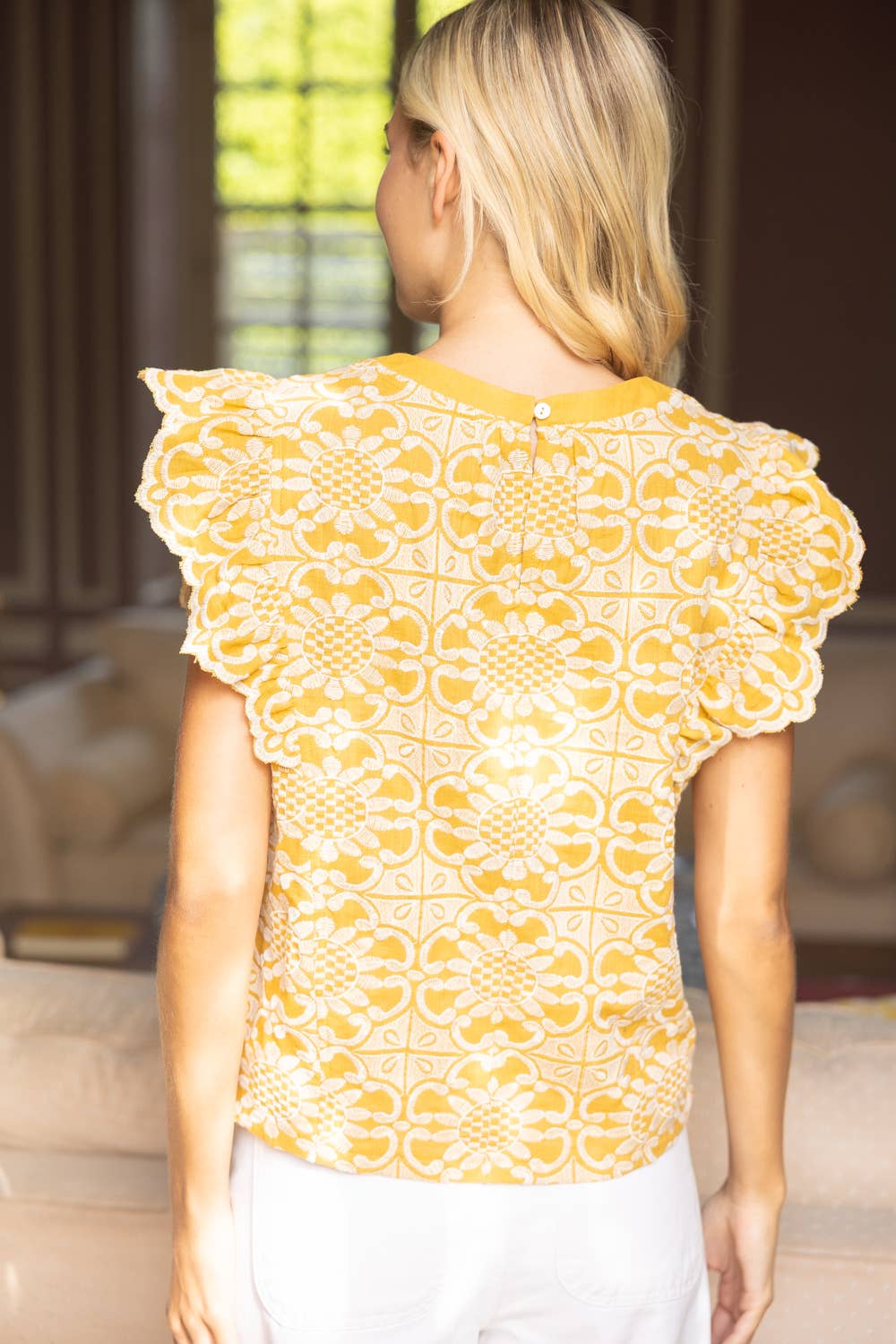 36693 Scallop Ruffle Detail Floral Embroidered Top - Surprise Lily