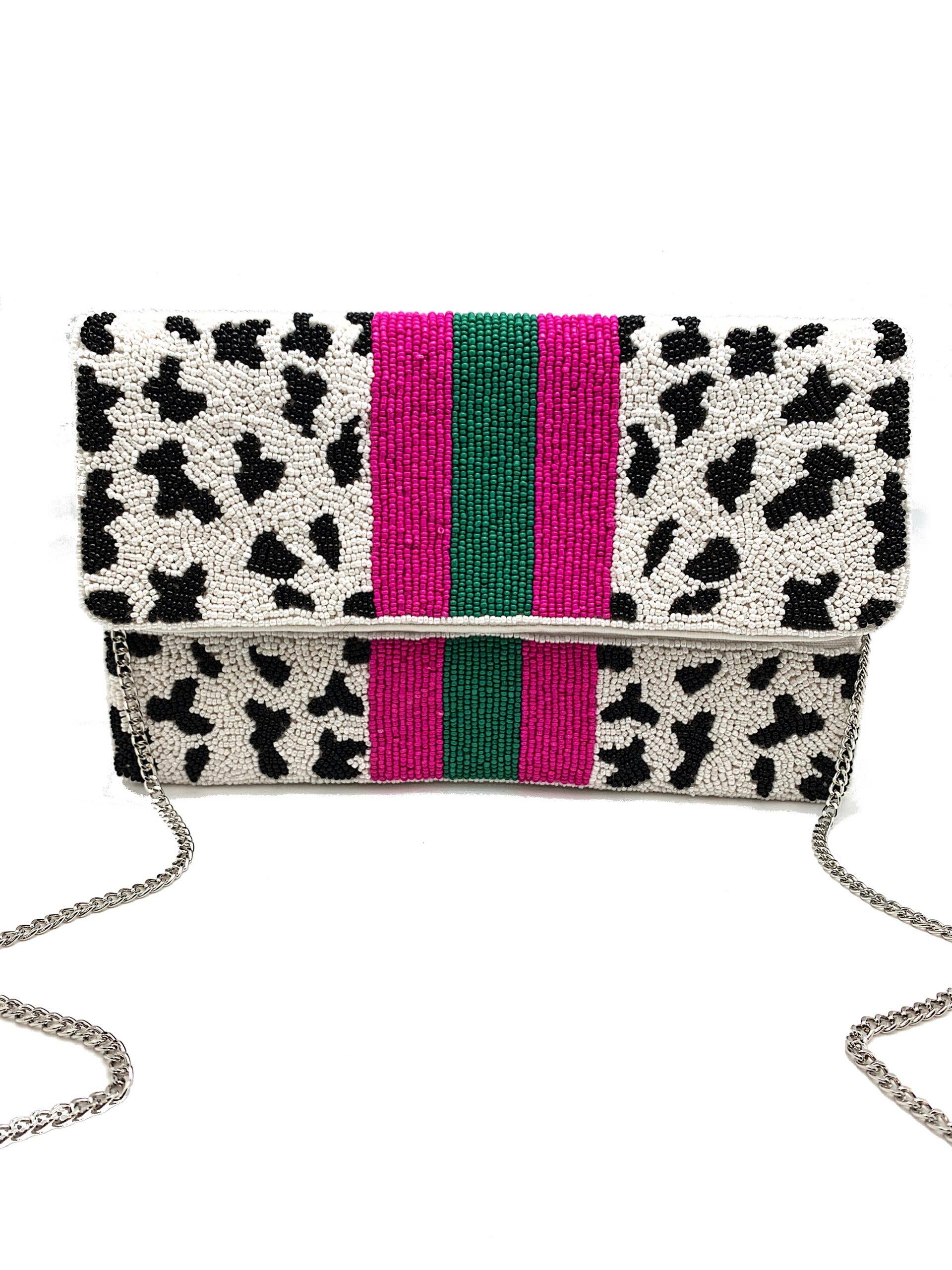 CHEETAH CLUTCH WITH FUCHSIA / GREEN STRIPES - Surprise Lily