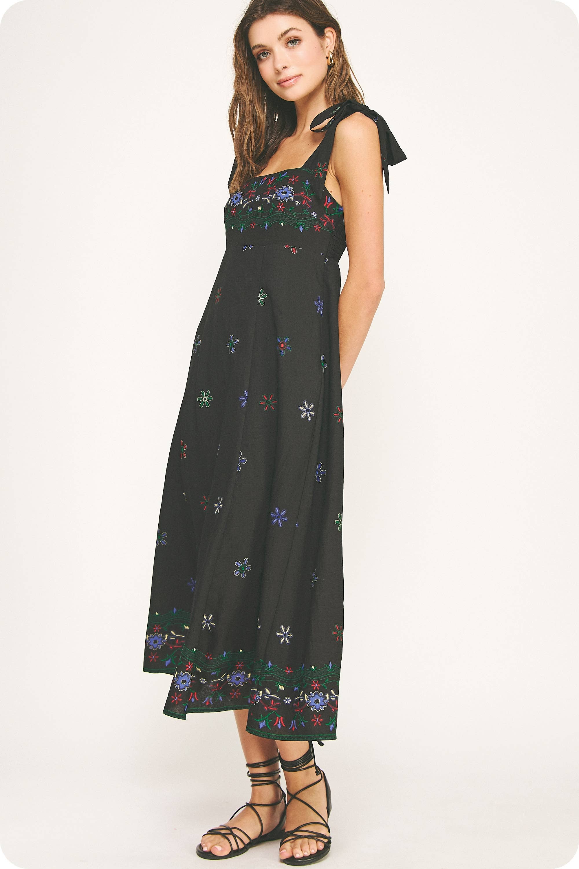 Sleeveless Floral Border Print Midi Dress - Surprise Lily