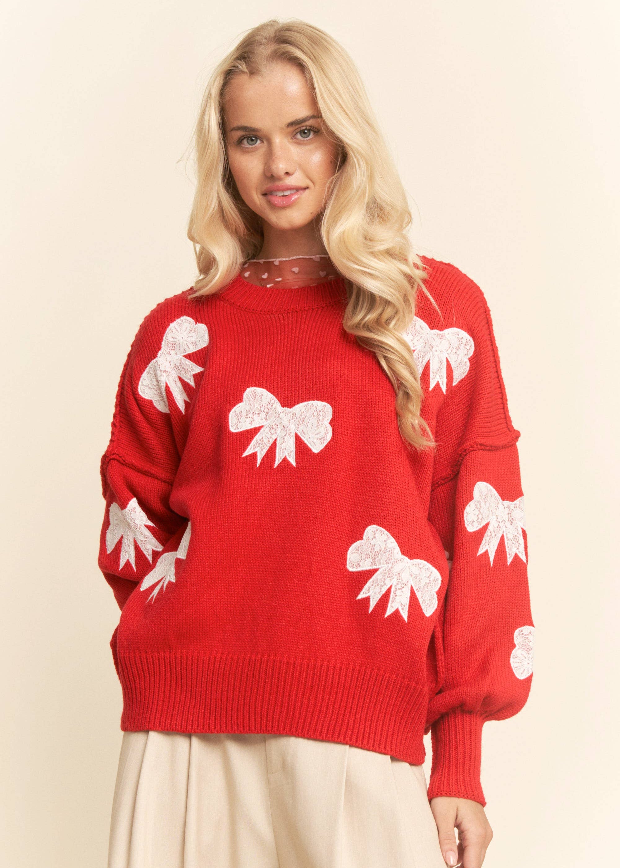 Lace Ribbon Bow Patch Sweater