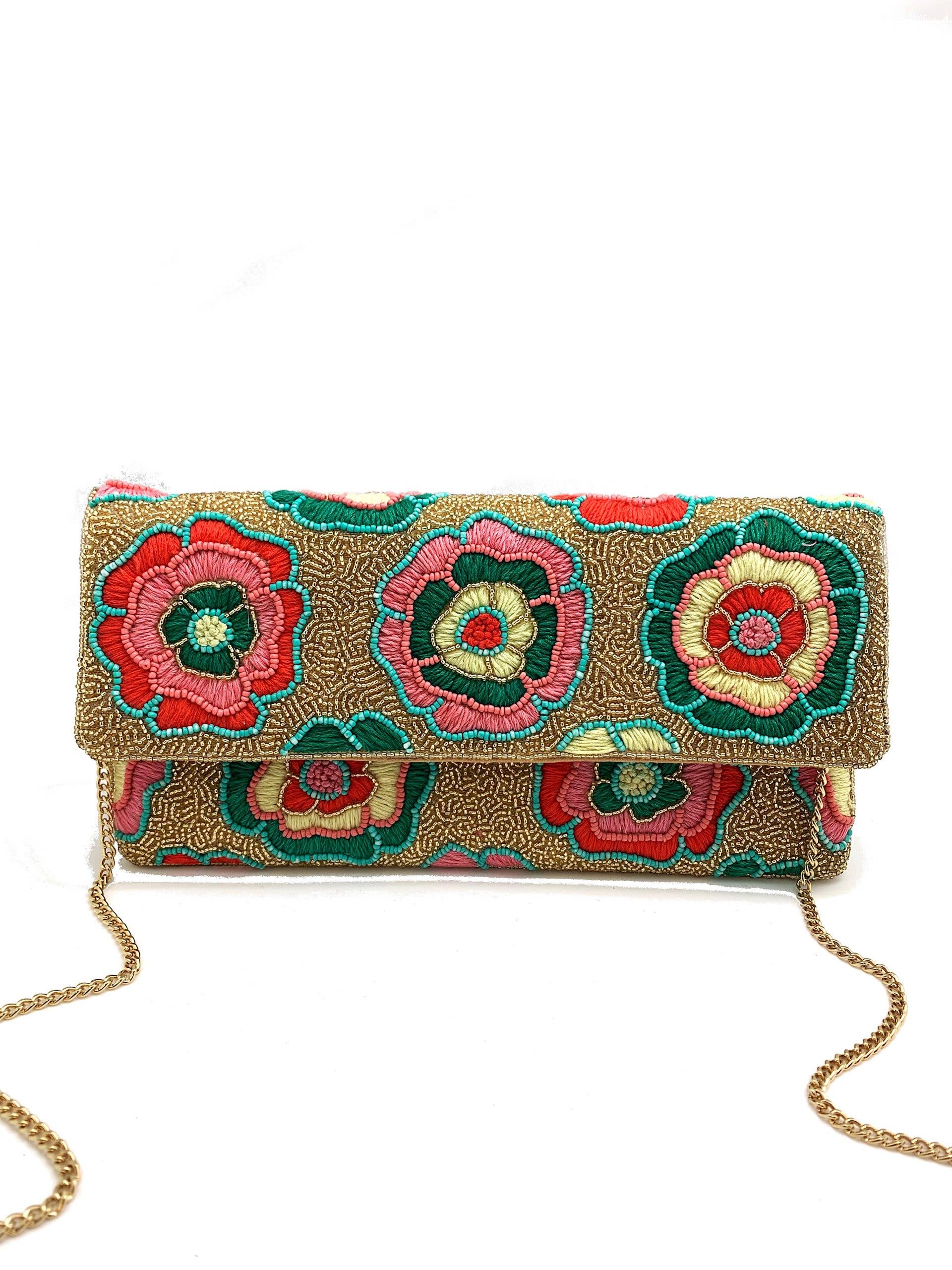 Gold Beaded Clutch with Flowers - Surprise Lily