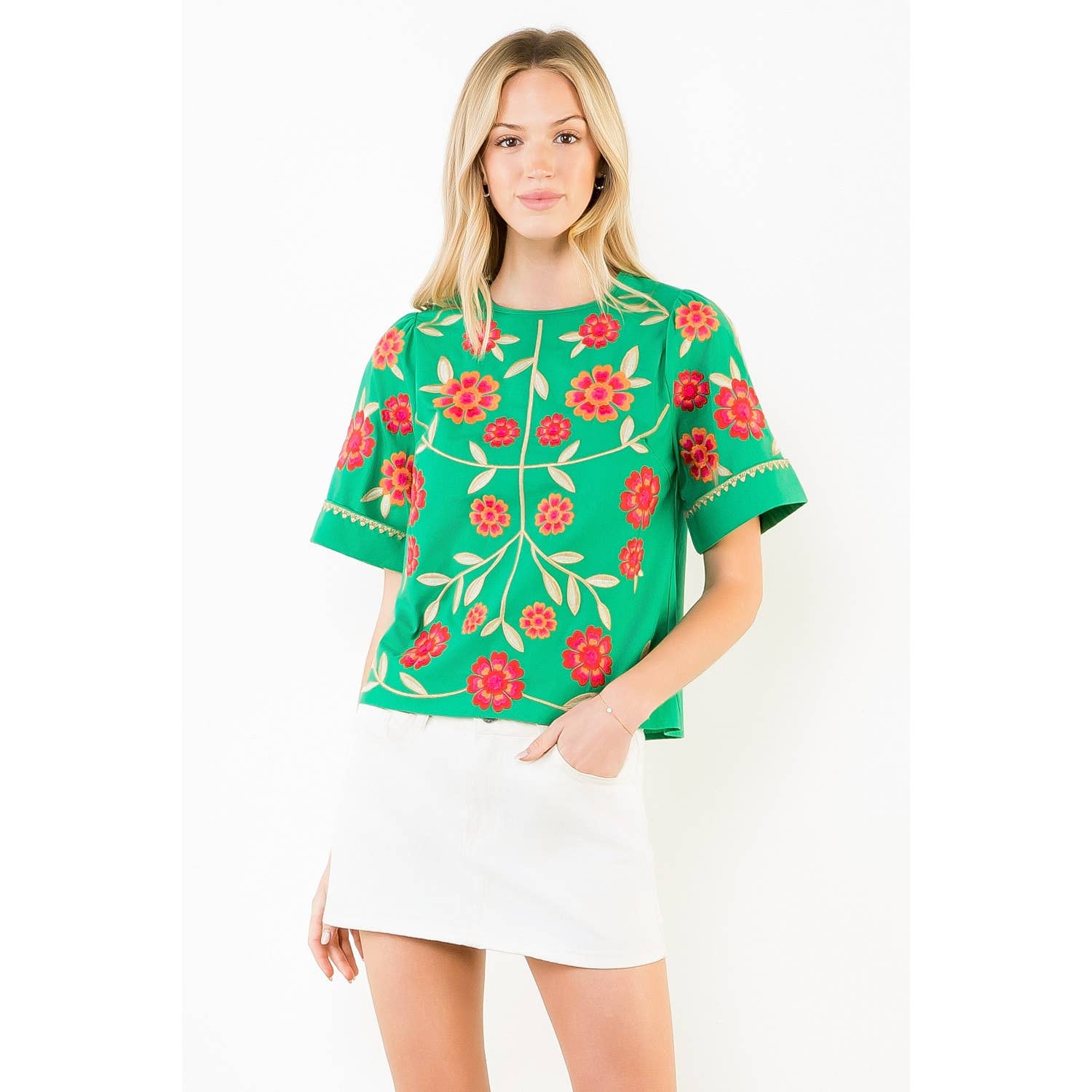 Short Sleeve Floral Embroidery Detail Top - Surprise Lily