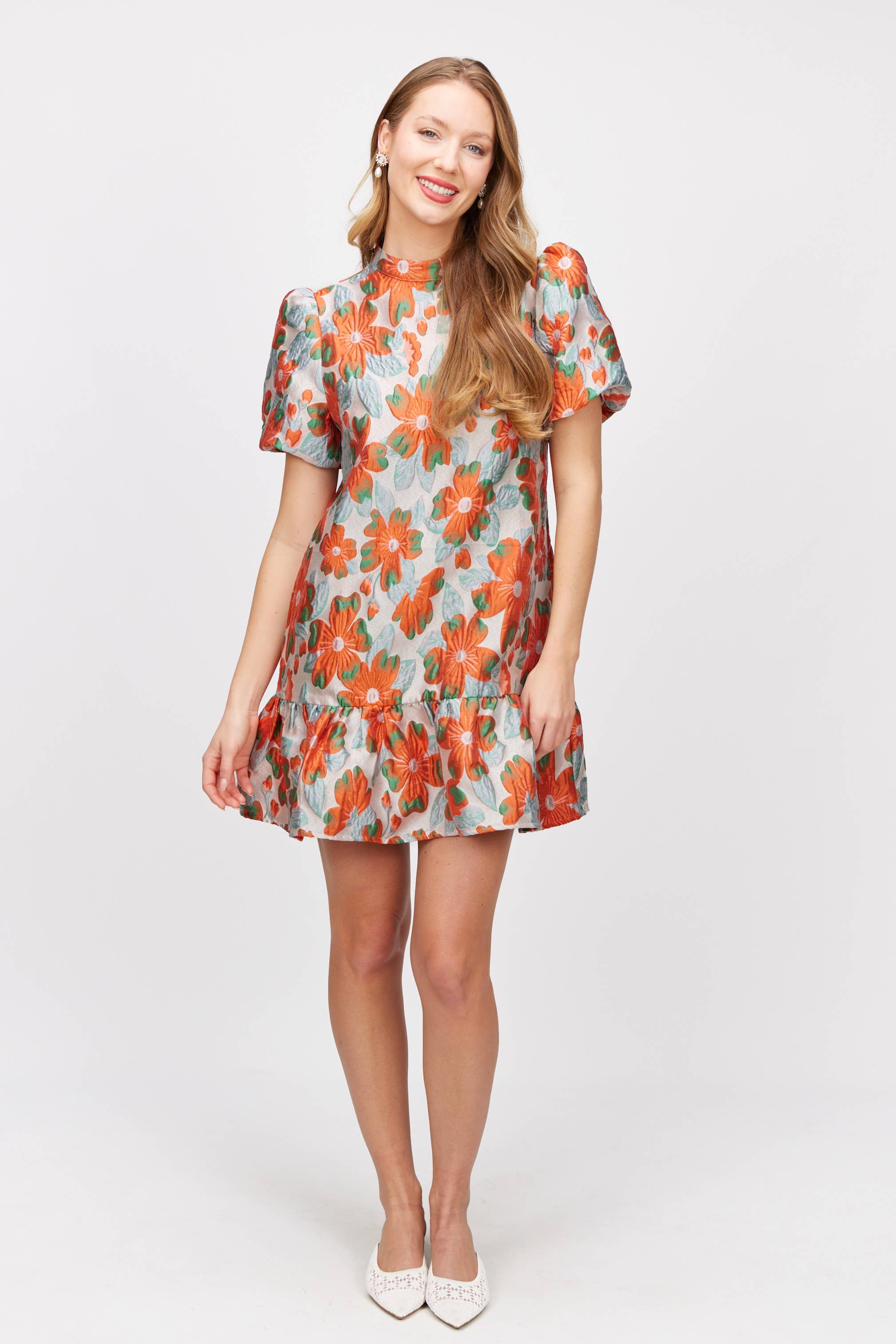 Farrah Floral Jacquard Puff Sleeve Dress