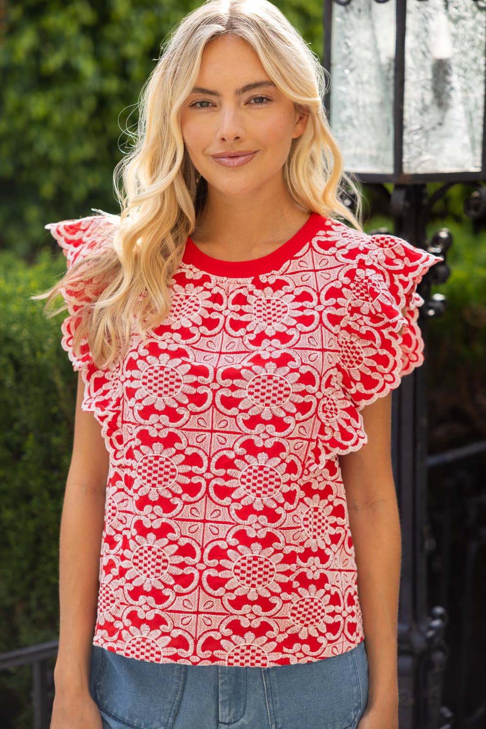 36693 Scallop Ruffle Detail Floral Embroidered Top - Surprise Lily