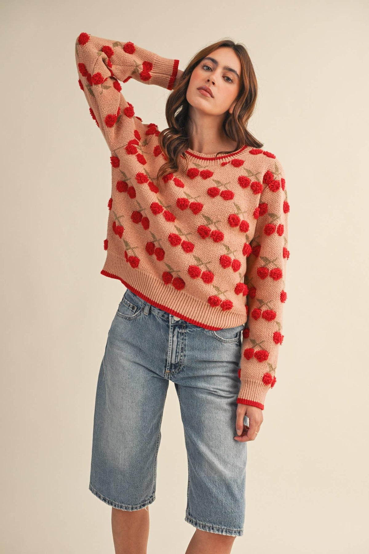 Fuzzy Cherry Sweater in Camel