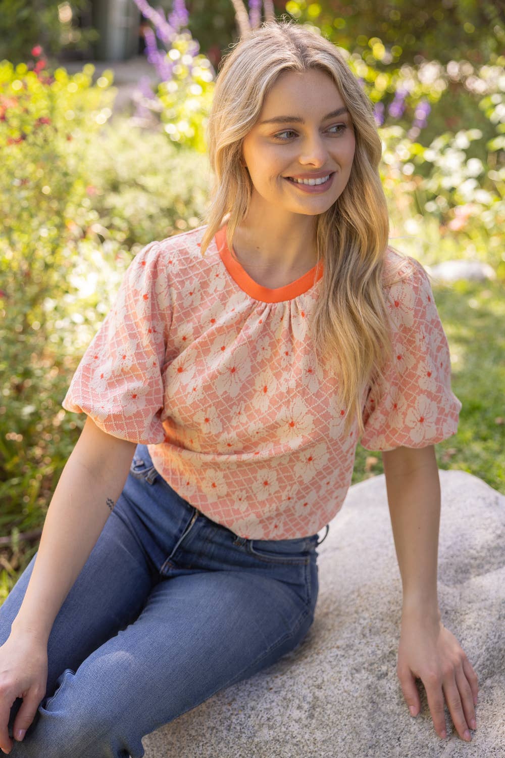 36727 Ribbed Knit Round Neck Floral Printed Knit Top - Surprise Lily
