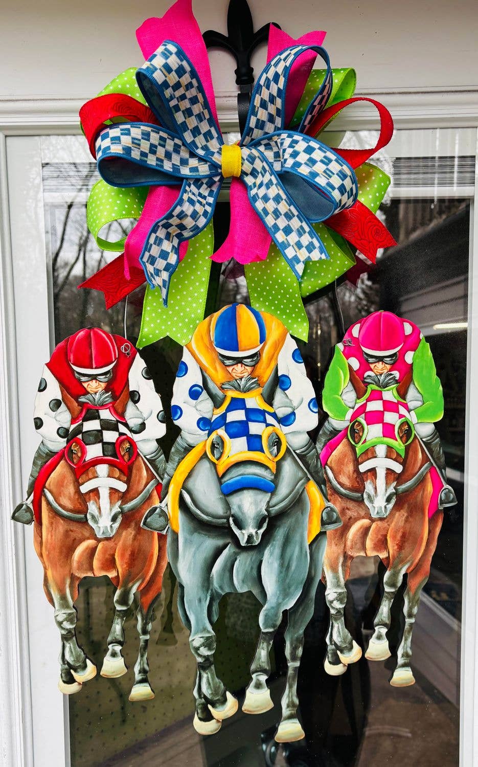Derby "Down the Stretch" Front Facing Jockey and Horse Door Hanger - Surprise Lily