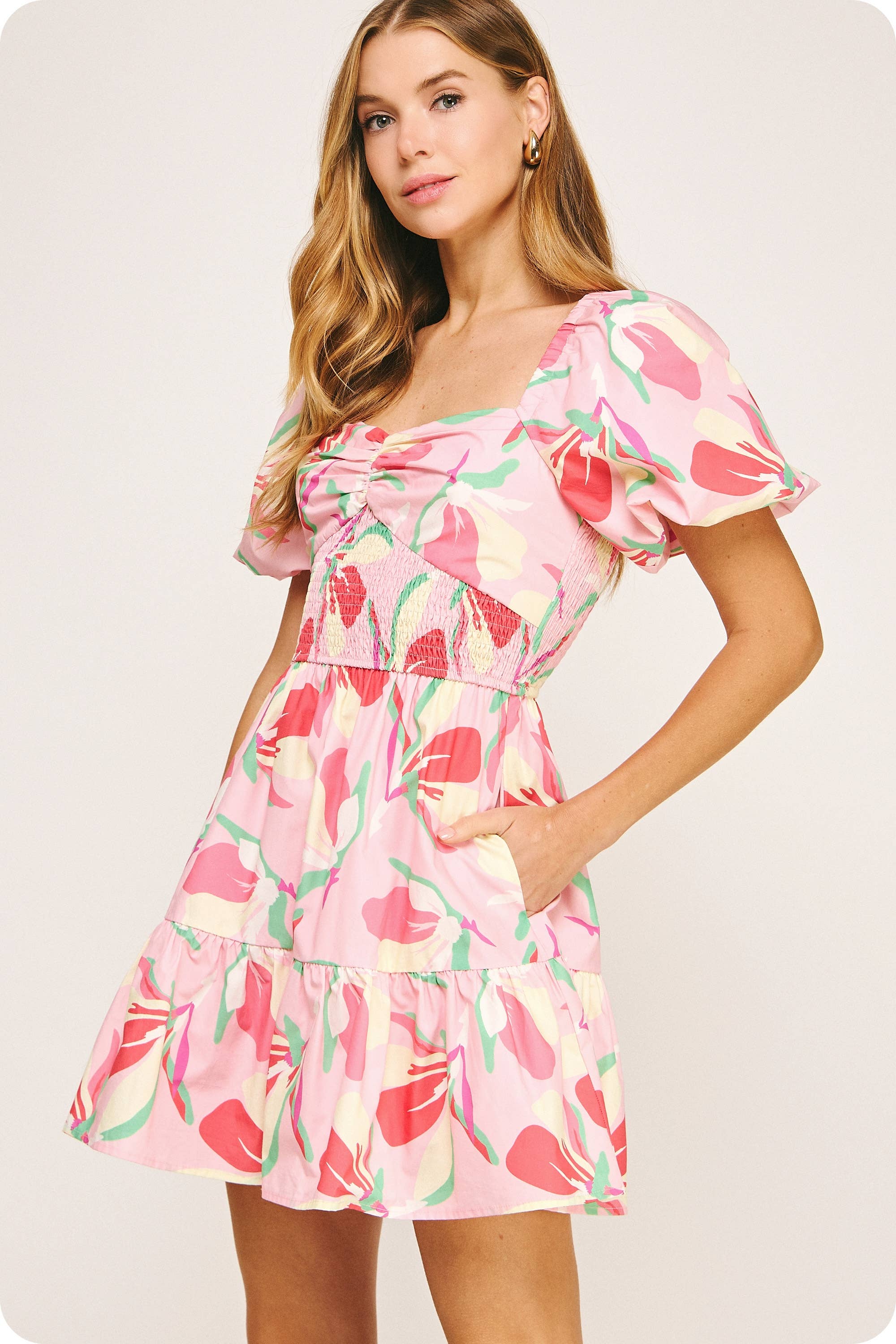 Smocked Detail Floral Tiered Mini Dress - Surprise Lily