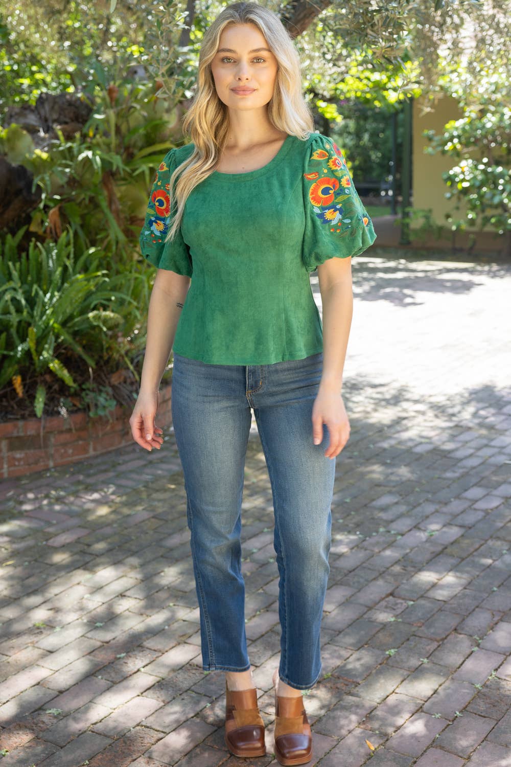 36780 Deep Round Neck Floral Embroidered Suede Top - Surprise Lily