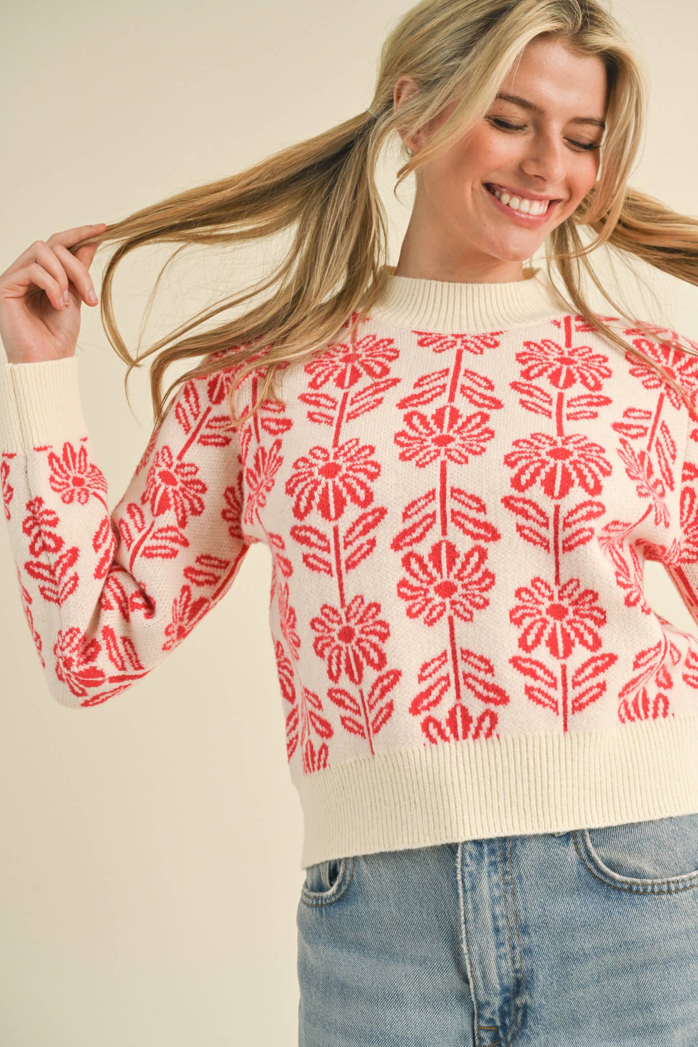 Floral Knit Sweater in Red Daisy