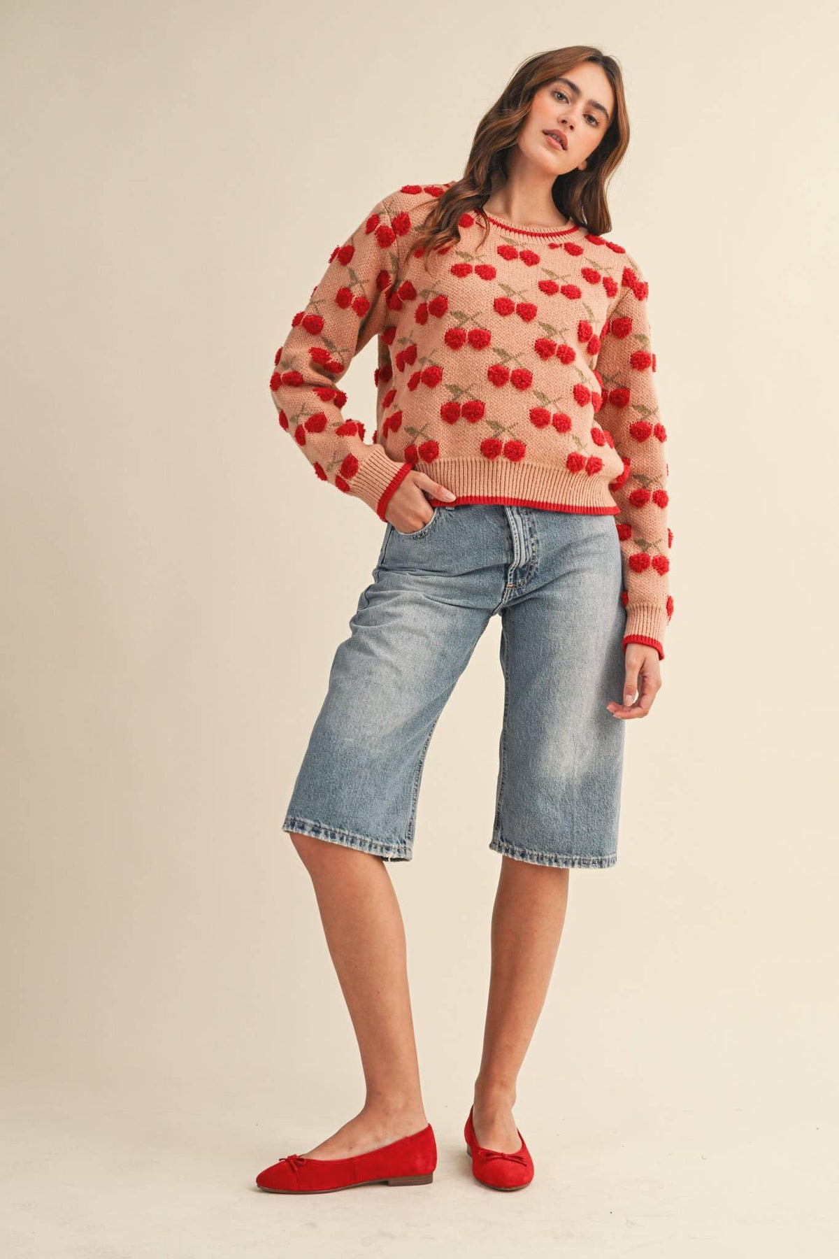 Fuzzy Cherry Sweater in Camel