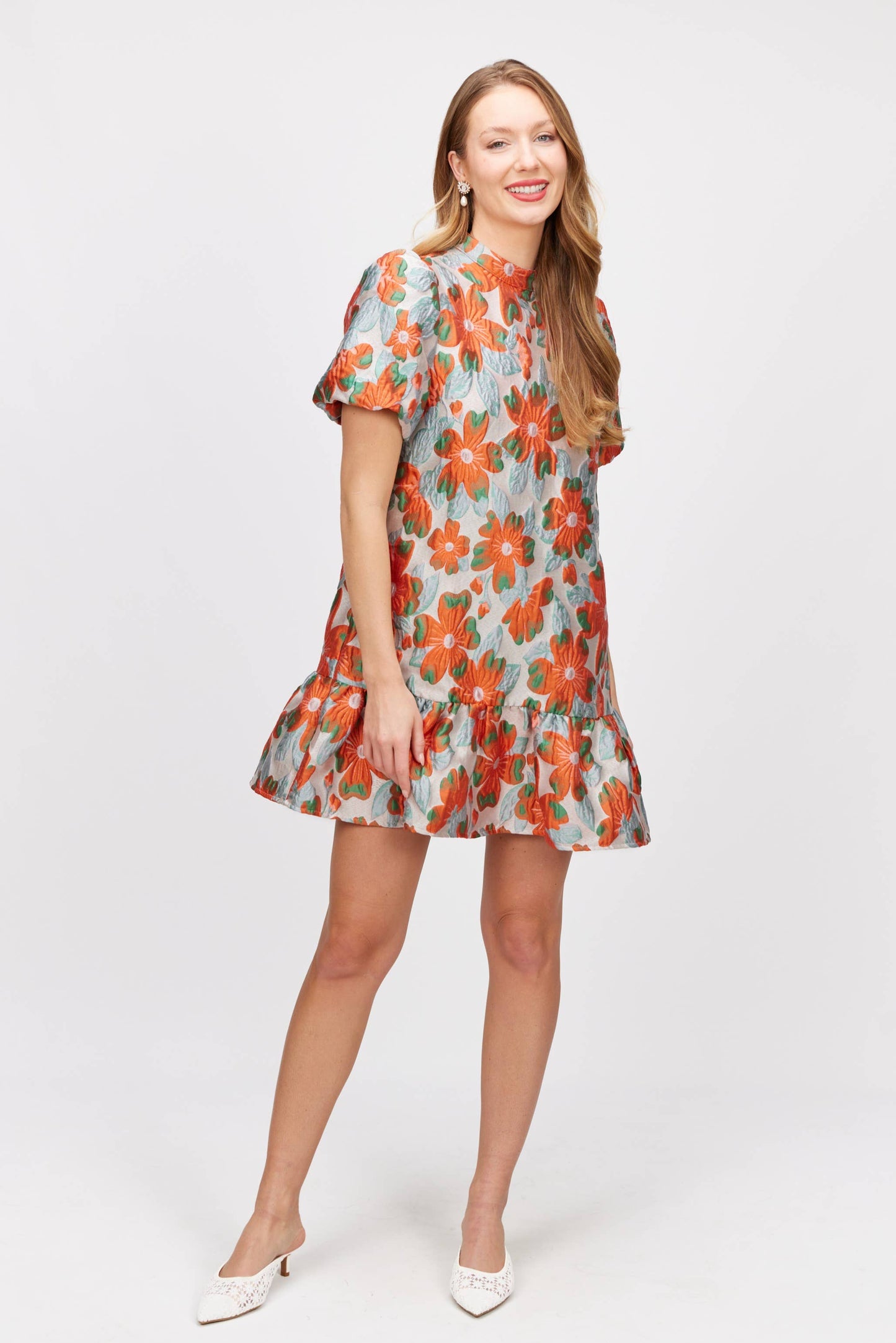Farrah Floral Jacquard Puff Sleeve Dress