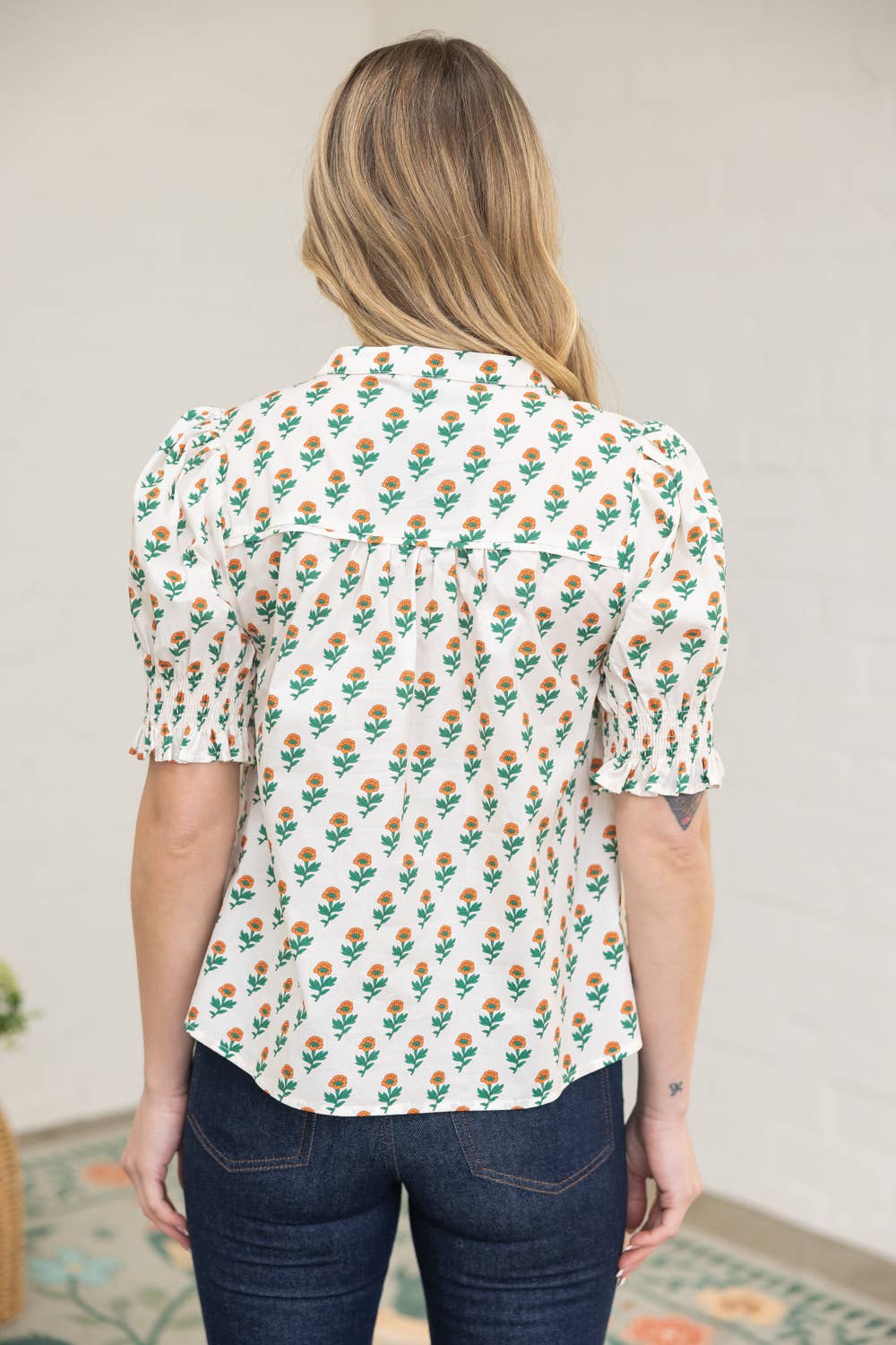 36713 Smocked Cuff Folded Placket Floral Print Top - Surprise Lily