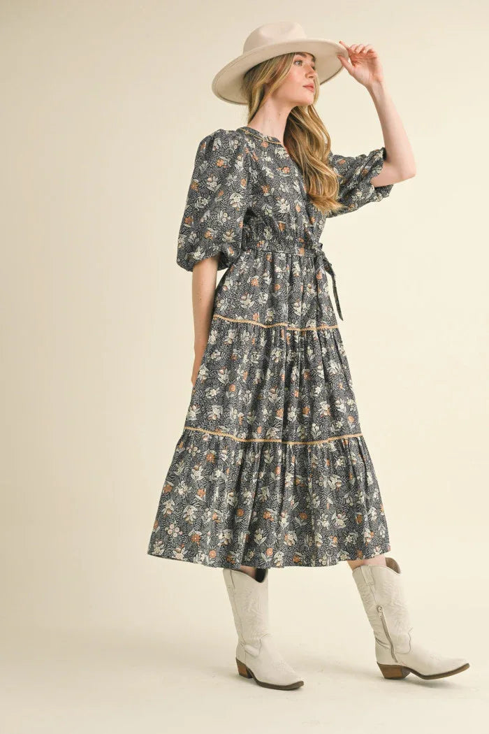 Black Floral Midi Dress with Brown Lace Trim - Surprise Lily