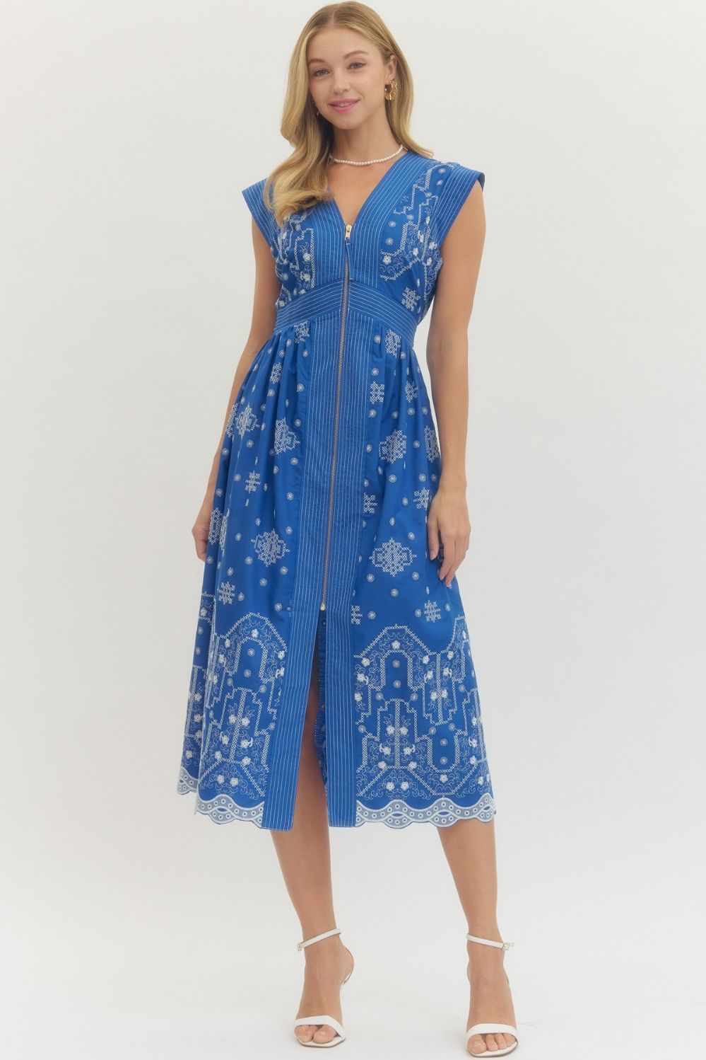 Blue Embroidered Midi Dress
