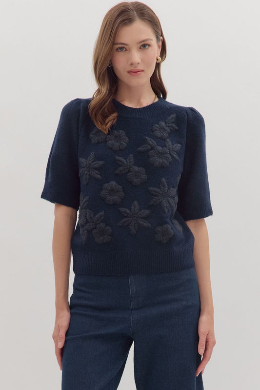 Navy Short Sleeve Floral Top