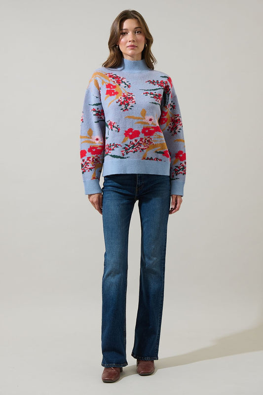 Light Blue Floral Mock Neck Sweater