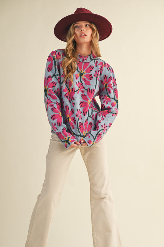 Blue and Fuchsia Floral Sweater