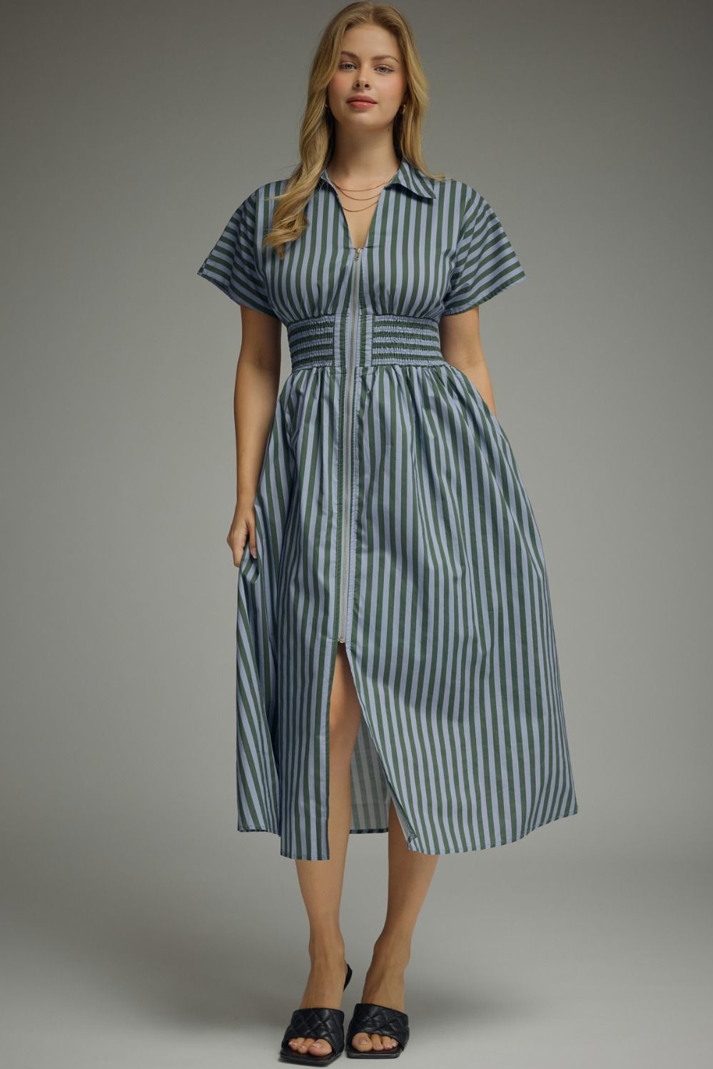 Blue and green striped short-sleeve midi dress with collared V-neck, smocked waist detail, front zip closure, side pockets, and lined construction.