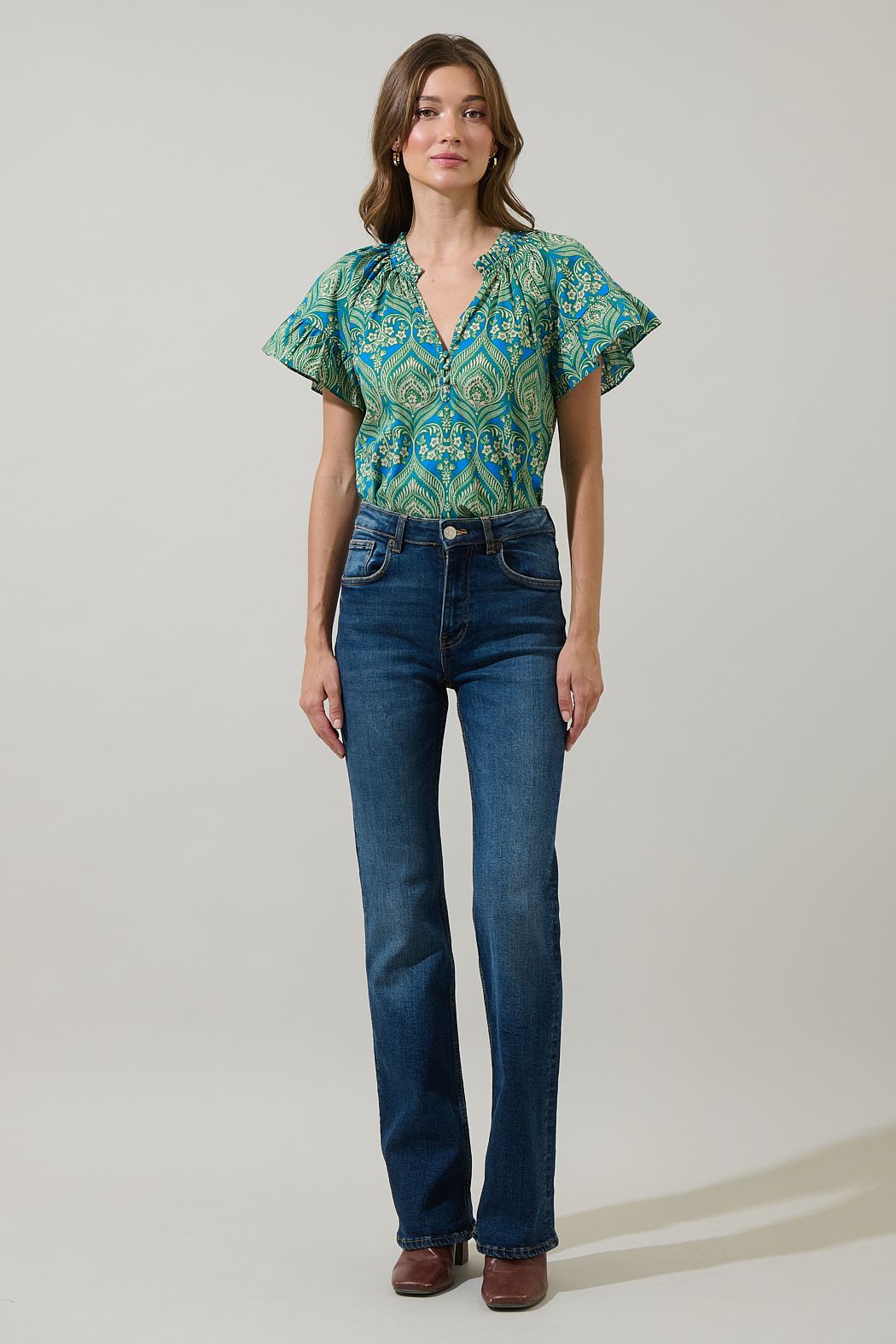 Green and Blue Paisley Ruffled Top