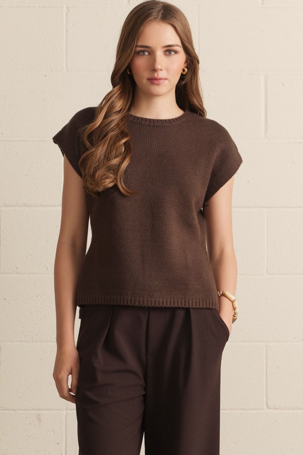 Short Sleeve Sweater Knit Top with Ribbed Trim, Brown
