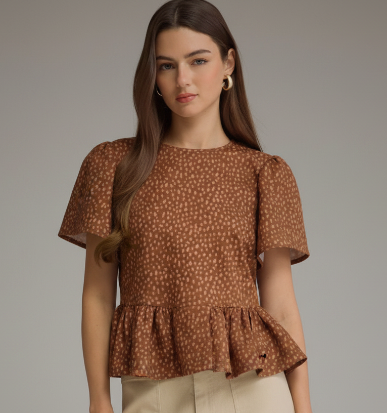 Mocha Brown Speckled Dot Peplum Top with Flutter Sleeves | Women's Ruffle Hem Blouse