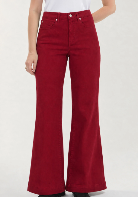 Liverpool Hannah Flare jeans in deep cranberry — mid-rise flared leg stretch denim with 5-pocket styling