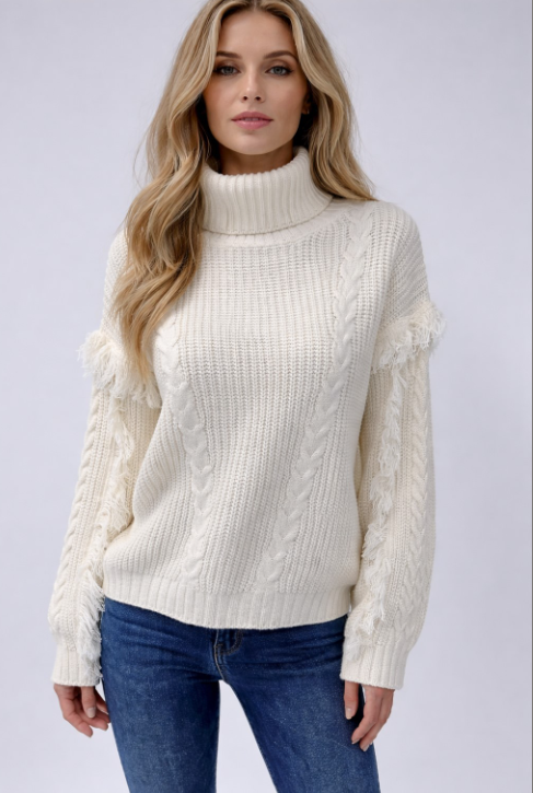 Cream Fringe Turtleneck Cable Knit Sweater by Fate | Women's Cozy Fall Sweater