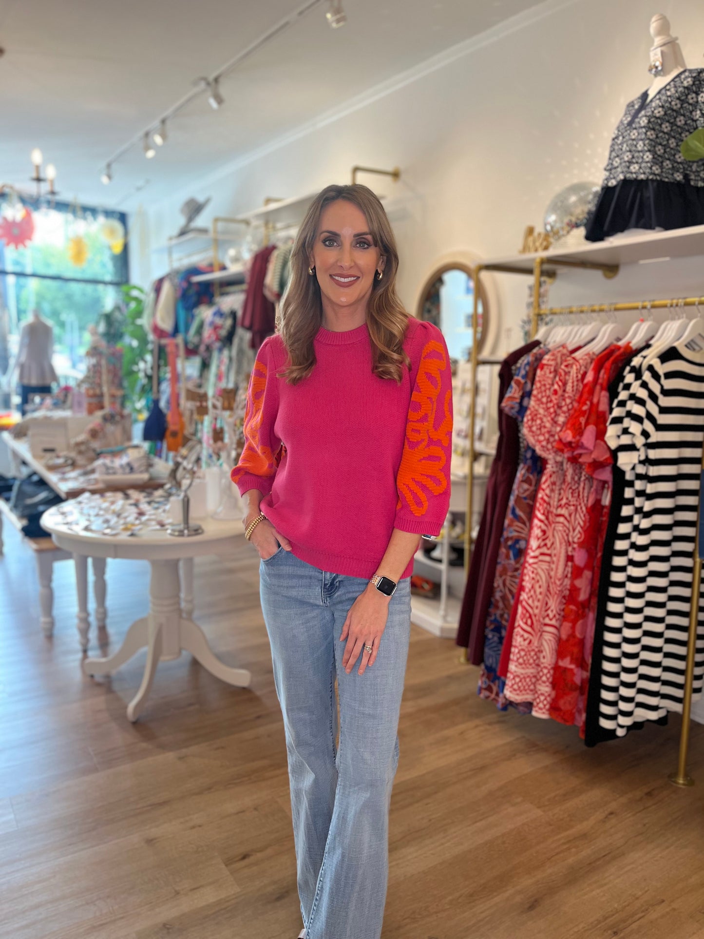 Hot Pink Embroidered Detailed Sleeve Top