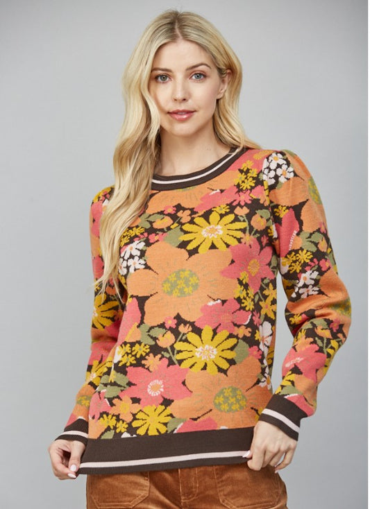 Floral Pattern Jacquard Knit Puff Sleeve Sweater