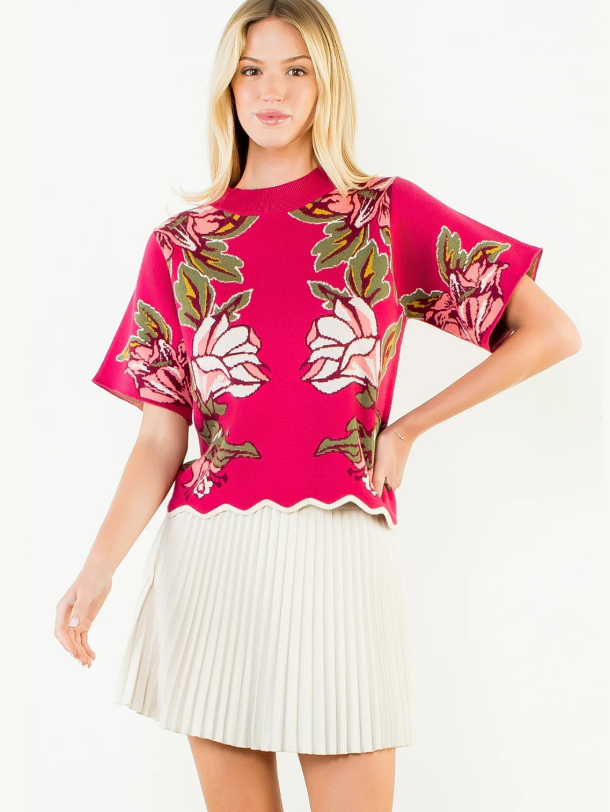 THML magenta floral jacquard crop sweater top with drop shoulders, mock neckline, and scalloped hem
