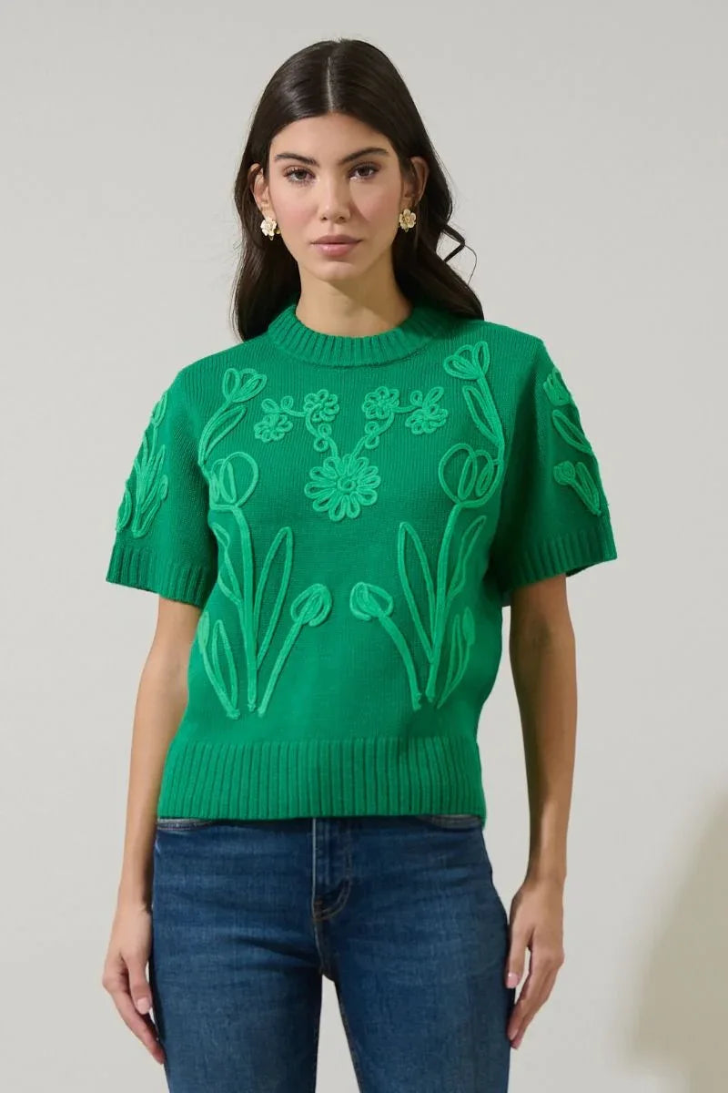Green Floral Embroidered Sweater Top - Surprise Lily